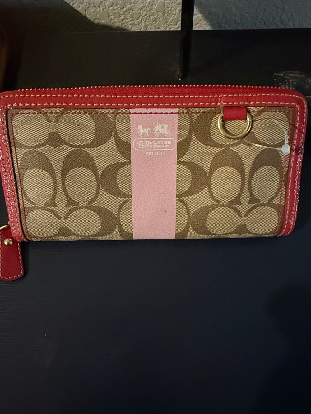 Coach Beige Signature Wallet with Pink Center Stripe and Red Trim